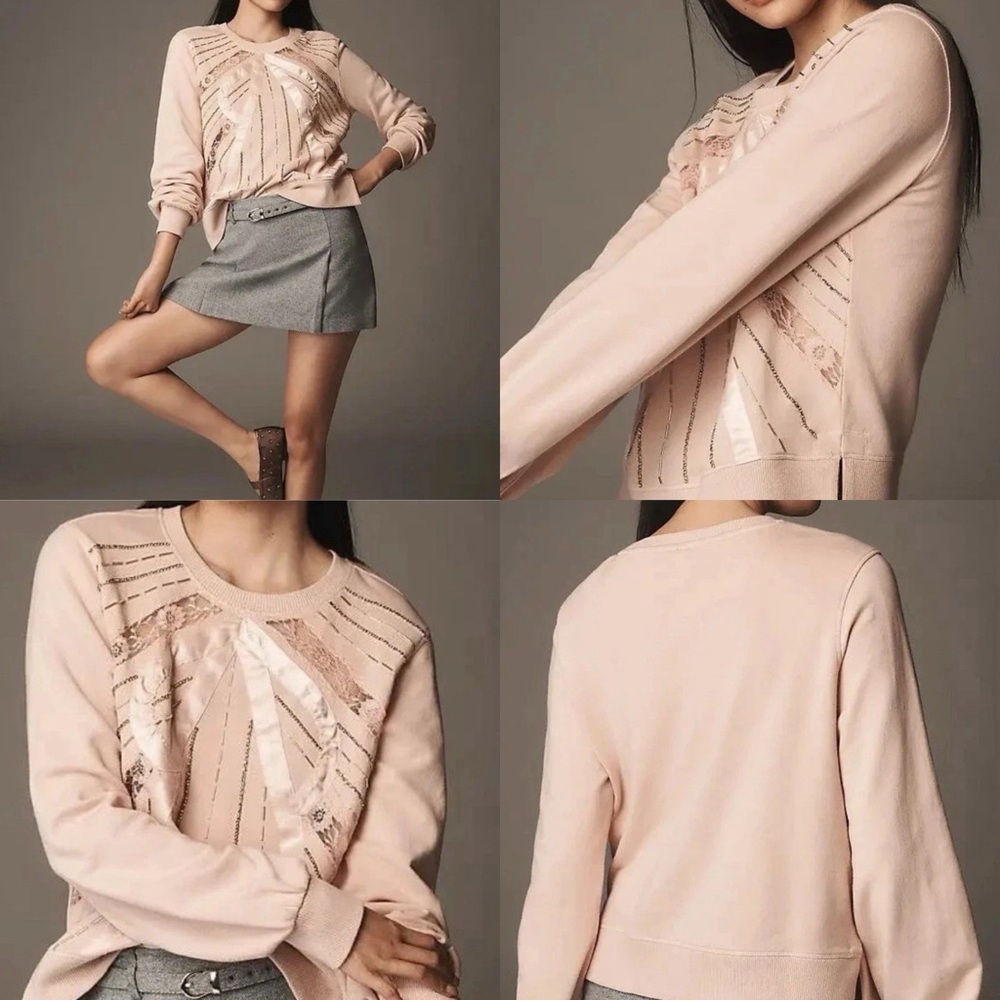 Anthropologie Embellished Lace Sweatshirt Romantic Boho Blush Soft Girl Chic S